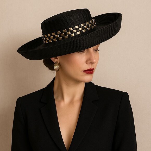 Vintage Black Boater Hat Up Turned Brim Studded Band Bold Statement Retro Fashio - Picture 1 of 14
